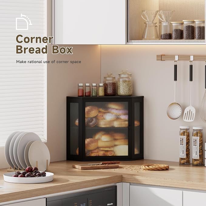 Corner Bread Box for Kitchen Countertop,Bread Storage Bin (Black, Medium) | Double Layer Large Capacity Bamboo Bread Container with Acrylic Door,Height Adjustable - Image 3