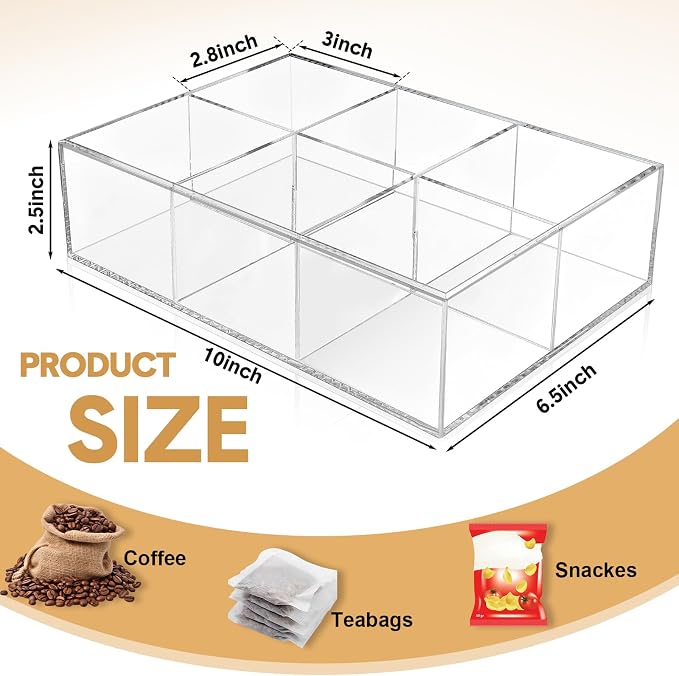 Maitys 4 Pcs Acrylic Tea Bag Organizer Divided Storage with 6 Compartments Clear Acrylic Stash Box Condiment Holder Pantry Organizer for Snacks Coffee Sugar Tea Bar Accessories - Image 2
