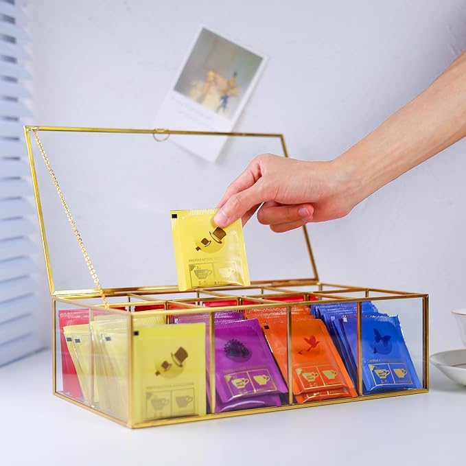 REDHUGO Glass Tea Bag Organizer, 8-Compartment Tea Storage Box, Gold | Handmade glass tea bag box with lid and 8 compartments, keeps tea bags tidy for counters, kitchens and tea stations - Image 2
