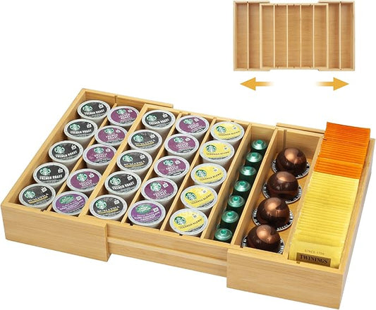 MinBoo Bamboo K Cup Holder for Drawer or Countertop Coffee Pod Holder Expandable K Cup Pod Storage Tea bag organizer K Cup Storage for Coffee Station Home Office and Kitchen by MinBoo