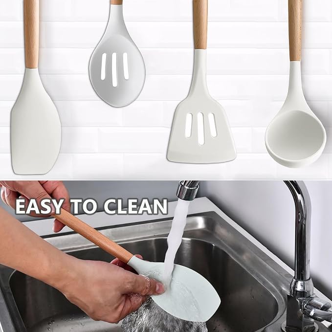 Silicone Kitchen Utensils Set of 5, Cooking Utensil Set with Heat Resistant Wooden Handle Non-Stick Silicone Spatula Spoon Turner Ladle, BPA FREE Cooking Kitchen Gadgets for Cookware & Baking - Image 7