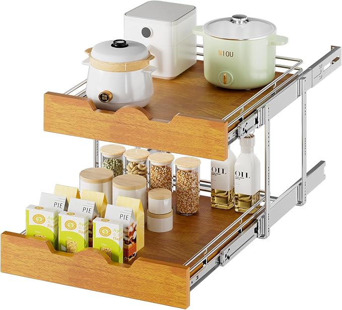 DINDON 2 Tier Pull Out Cabinet Organizer (20" W x 21" D) Slide Out Wood Shelf Double Tier Kitchen Wire Basket with Chrome Finish… by DINDON