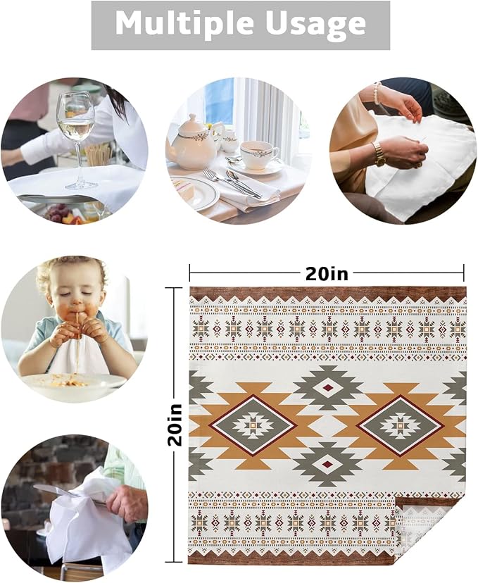 Southwest America Cloth Napkins Set of 8, Boho Ethnic Geometric Tribal Pattern Retro Wood Dinner Napkins Cloth Washable, Cocktail Napkins Reusable for Wedding, Party, Birthday (20"x20") - Image 5