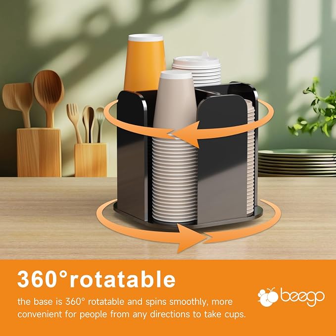 Beego Coffee Cup Holder Organizer - Rotatable 4 Compartments Black Acrylic Cup Dispenser Station With Lid Carousel - Countertop Plastic Cup Holder for Restaurant Breakroom Bar Accessories - Image 7