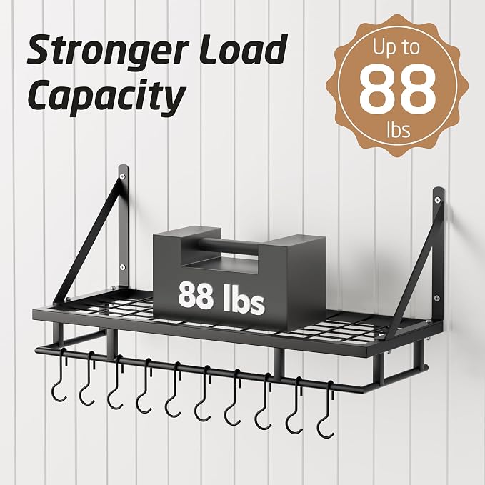 KES 24 Inch Kitchen Pot Pan Rack Wall Mounted, 10 Hooks, Matte Black | 88lbs Load Capacity, Heavy Duty, Cast Iron Pots and Pans Organizer, Hanging Storage, Wall Shelf, Space Saving, KUR215S60-BK - Image 3