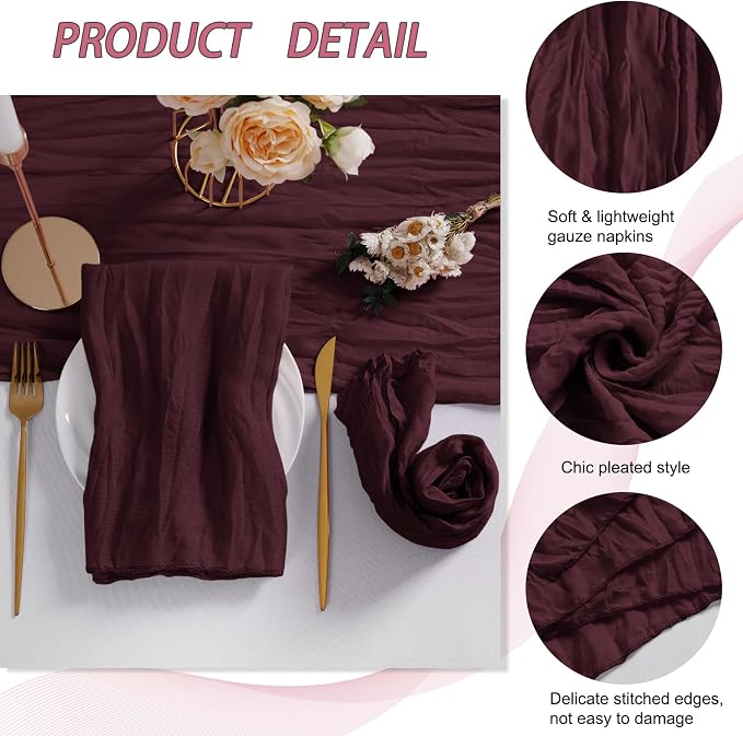 LZY 120 Pack Gauze Cheesecloth Napkins 20x20 Inch Dinner Cloth Napkins, Soft Boho Table Napkins Rustic Wrinkled Cheese Cloth Napkins Bulk for Wedding Party Baby Shower Event Decor (Burgundy) - Image 4