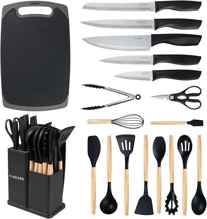 19 PCS Black Kitchen Cooking Utensils Set Kitchen Tools Set | 6 Stainless Steel Knives, 11 Silicone Utensils with 1 Cutting Board, Ideal for Apartment by CADABY