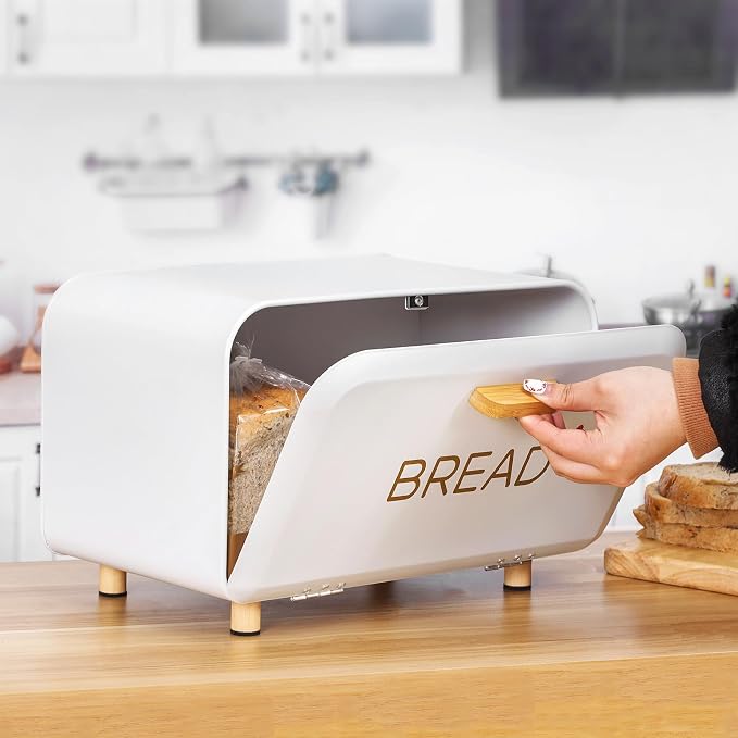White Bread Box for Kitchen Countertop - Large Capacity Bread Storage Container Farmhouse Bread Box - Stylish Metal Bread Keeper - Image 4