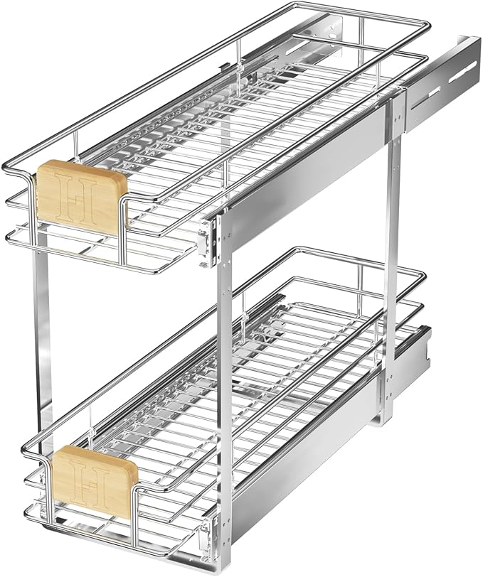 LOVMOR 2 Tier Pull Out Cabinet Organizer 7½" W x 21½" D, Slide Out Drawers with Wooden Handle, Sliding Shelves Organization and Storage for Kitchen, Pantry by LOVMOR