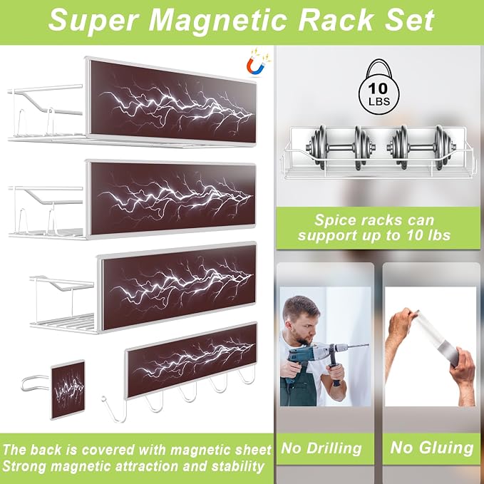 Magnetic Spice Rack for Refrigerator, 9 Pack Magnetic Fridge Shelves W/Adjustable Paper Towel Holder, Hook Rack, Moveable Spice Organizer Shelf for Kitchen Organization and Storage (White) - Image 3