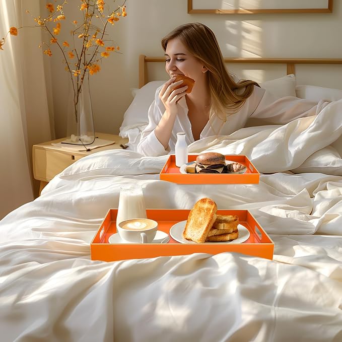 Orange Serving Tray with Handles, Plastic Decorative Tray Set of 2 | Decorative Tray for Coffee Table, Modern Ottoman Tray, Rectangle Melamine Tray for Living Room, 15.8"L x 10.2"W x 1.4"H - Image 5