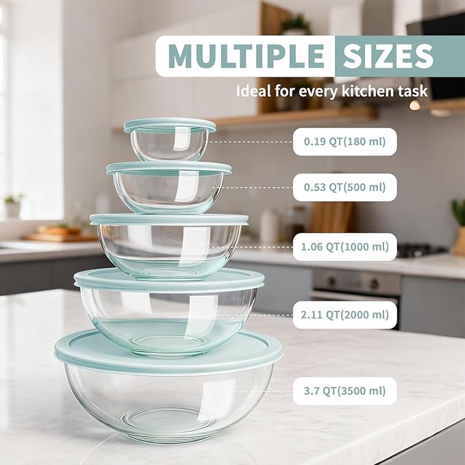 Luvan Glass Mixing Bowl with Lids Set of 5(0.2QT, 0.5QT, 1.1QT, 2.1QT, 3.75 QT), Space-Saving Nesting Bowls Anti-slip Salad Bowls for Storage, Cooking, Microwave,Freezer,Oven and Dishwasher Safe - Image 3