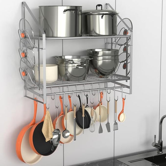VyGrow 28 Inch Pot Rack Wall Mounted, 2 Tier Pots and Pans Organizer with 20 Hooks and 6 Pot Lid Holders, Heavy Duty Steel Pot and Pan Hanger for Kitchen Cookware Utensils Storage, Silver by VyGrow