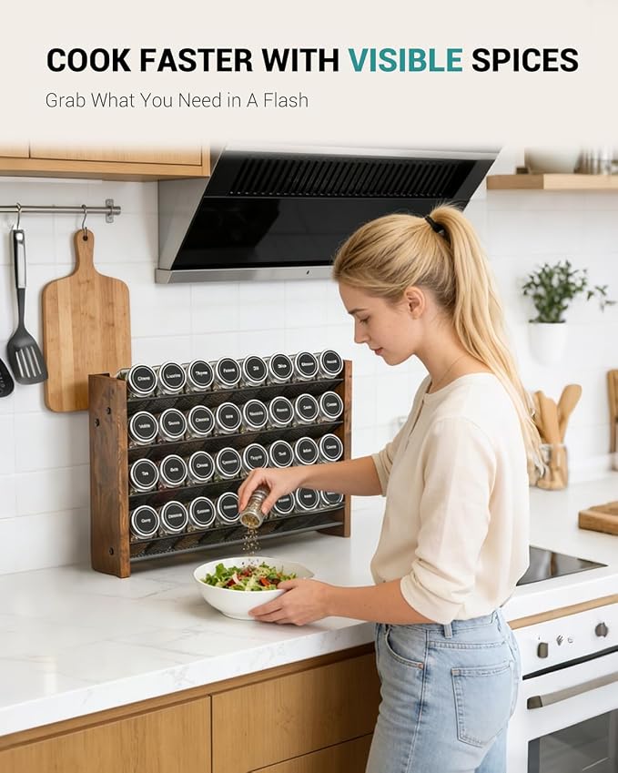 NESAPTO Spice Rack Organizer for Cabinet, Wood 4-Tier Vertical Seasoning Organizer, Wall Mount or Countertop Spice Shelf, Holds 32 Jars (No Jars Included), 15.7" W x 10.3" H - Image 5