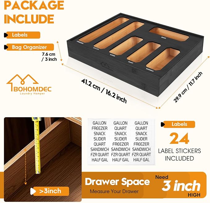 6 in 1 Bamboo Ziploc Bag Storage Organizer, Black Baggie Organizer for Drawer with Sliding Lid - Fits Gallon, Quart, Sandwich, Snack & Freezer Bags, Wall Mountable Kitchen Drawer Organization - Image 3