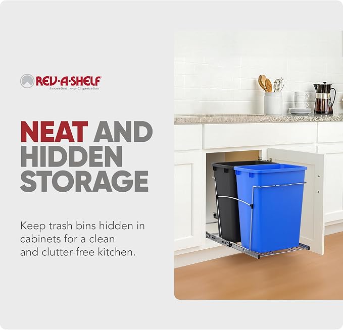 Rev-A-Shelf Double Pullout Garbage Trash Cans for Kitchen Cabinets, 35 Qt | Large Capacity Waste/ Recycling Bins, Heavy Gauge Wire Construction, with Full Extension Slides, Blue/Black, RV-18KD-2218C-S - Image 5