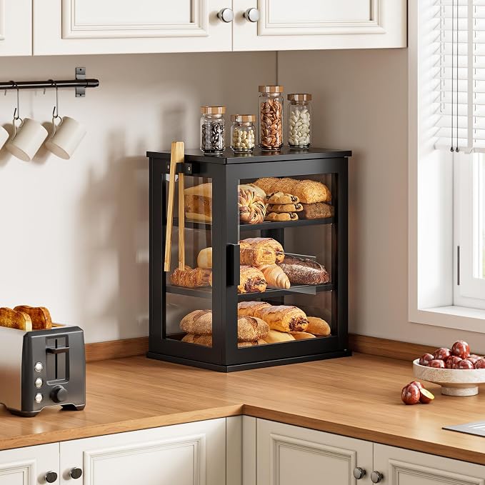 WOWLIVE Bread Box for Kitchen Countertop, 3 Layers Bread Storage Container | Large Bamboo Bread Bin for Homemade Bread with Window, Farmhouse Breadbox Organizer for Kitchen, Cabinet, Black, Meduim - Image 2