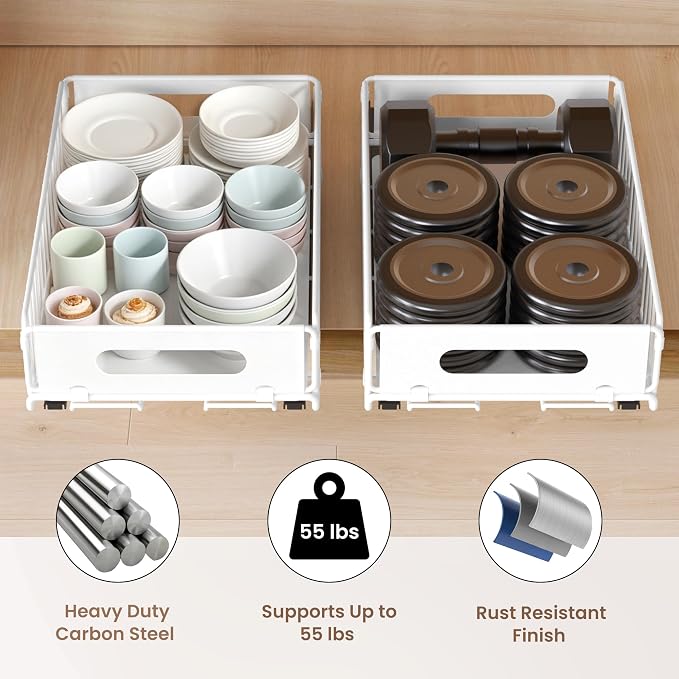 4 Pack Pull Out Cabinet Organizer, Heavy Duty Slide Out Drawer with No Drill Adhesive or Screw Mount, Carbon Steel Roll Out Shelf for Kitchen Cabinet, Pantry & Bathroom Storage - Image 5