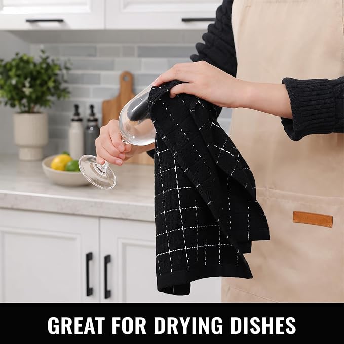 Kitinjoy 100% Cotton Terry Kitchen Towels, 13”x 28”, 6-Pack, Black | Checkered Designed, Ultra Soft Absorbent Quick Drying Dish Towels - Image 6