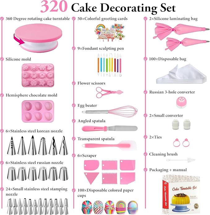 Cake Decorating Kit,Piping Bags and Tips Set,Cake Decorating Supplies,Frosting Piping Kit,Cake Baking Supplies for Beginners (320PS) - Image 5