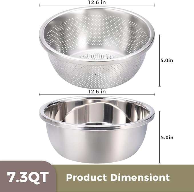 Colander and Bowl Set 7.3QT (2-in-1) - Thickened 304 Stainless Steel Kitchen Strainer Bowl for Fruit, Pasta, Vegetables, Rice - Heavy Duty, Induction Cooker & Dishwasher Safe - Image 3