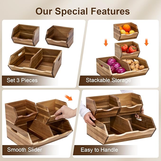 Acacia Wood Pantry Storage Bins, Stackable Storage Baskets Potato and Onion Storage Bins, Pantry Organizer Wooden Baskets Organization and Storage, Set 3 Pieces - Image 3