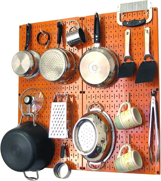 Wall Control Kitchen Pegboard Organizer Pots and Pans Storage Rack Organization Kit with Orange Pegboard and White Accessories by Wall+Control