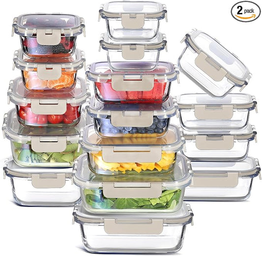 EATEX 32pc Glass Storage Containers with Lids, 16 Glass Food Storage Containers with 16 Airtight Lids for Pantry & Kitchen, Meal Prep Containers for Lunch, Oven Freezer Microwave & Dishwasher Safe by Eatex