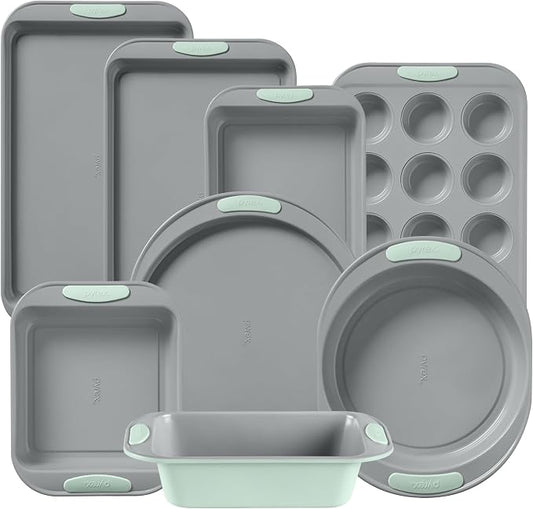 Pyrex 8-Piece Metal Bakeware Set with Heatsafe Silicone Handles, Sage | Lightweight stainless steel baking trays with heatsafe silicone handles, made without PFAS, mercury, lead, cadmium & BPA by Pyrex