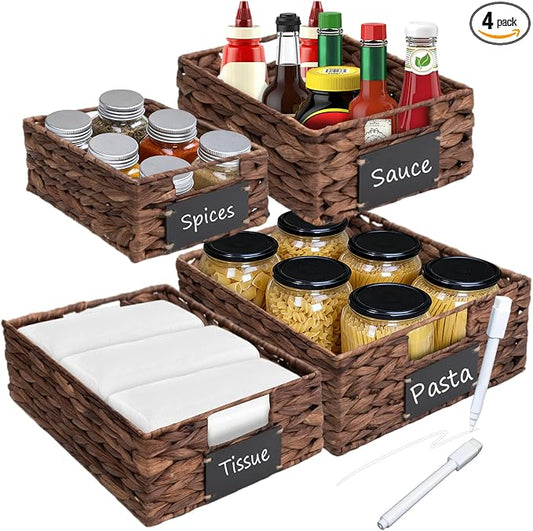 Set of 4 Sizes Hand-Woven Pantry Shelf Baskets, Hyacinth Storage Baskets with Chalkboard Labels & 2 Chalk Markers, Wicker Nestable Basket Set for Organizing Pantry Kitchen Laundry Shelves (Brown) by SEEKELEGANT