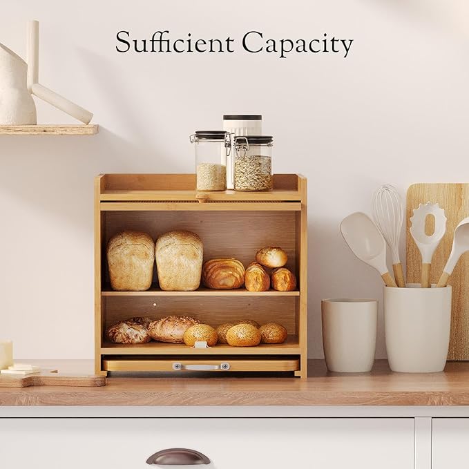 Bamboo Bread Box, Double Layer, Cutting Board, Kitchen, Natural | See-Inside Acrylic, Magnetic Closure, Countertop Bread, Fruit, Tea, Coffee Storage, Rear Vents Stay Fresh, Adjustable Shelf - Image 3