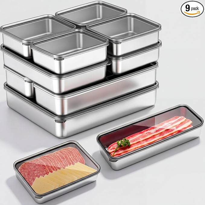 Hushee 9 Pack Bacon Cheese Container for Refrigerator, 304 Stainless Steel Airtight Deli Meat Container, Dishwasher Safe Fridge Storage Fruit Lunch Storage with Lids for Fridge, 4 Sizes by Hushee