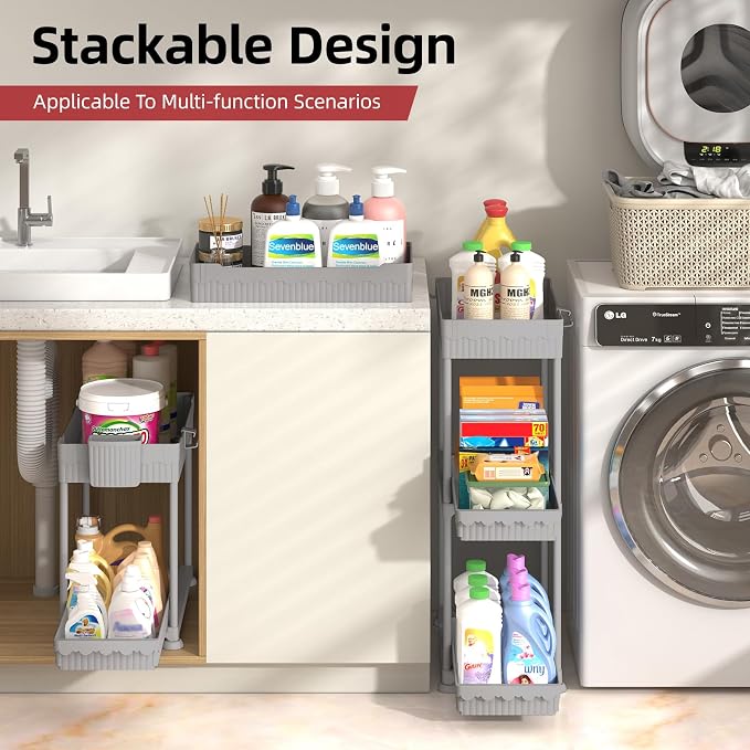 4-Pack 2-Tier Under Sink Organizer with Pull Out Drawers | Multi-use kitchen & bathroom storage. Includes hanging hooks and cups. Gray, space-saving cabinet design. 14.8 Inch - Image 8