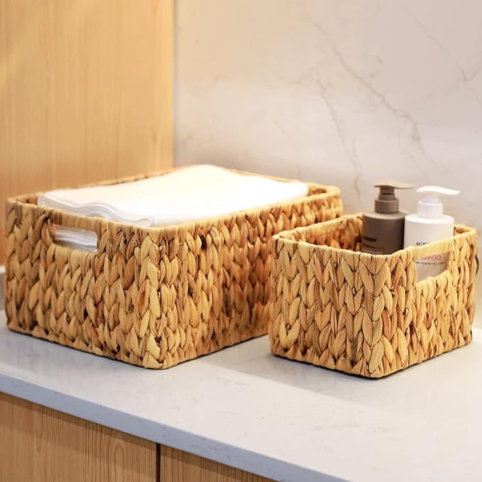 HOONEX Water Hyacinth Storage Baskets, Wicker Baskets for Storage, Hand Woven Baskets with Carry Handles, Set of 3, Natural - Image 5
