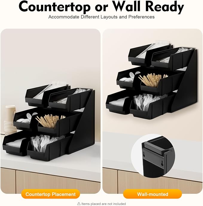 Condiment Organizer 6 Compartment 3 Tier, Coffee Station Organizer Storage Bin, Plastic Condiment Holder, Coffee Bar Organizer for Straws, Lids, Cups, Sugar Packets, Home Cafe Restaurant - Image 6