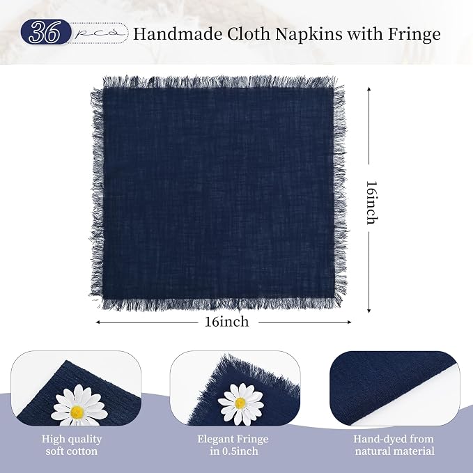 36 Pack Navy Blue Cotton Linen Napkins - 16 x 16 Inch Fringed Soft Washable Rustic Dinner Napkins for Wedding Party Dinner Table - Image 2