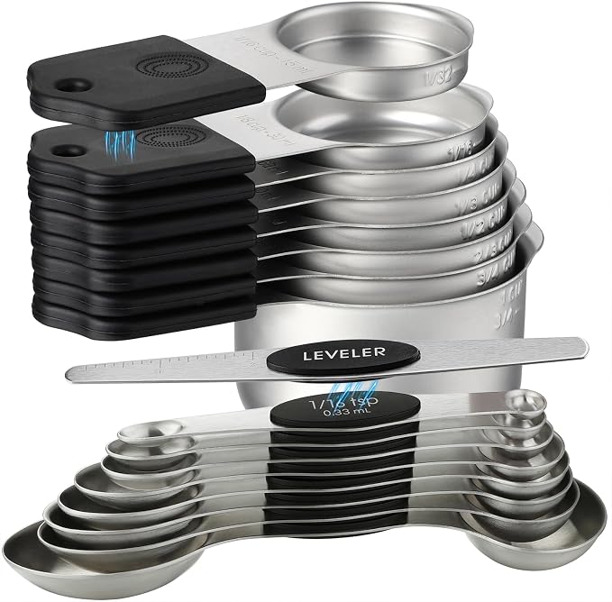Magnetic Measuring Cups and Spoons Set of 17 Including 8 Stainless Steel Stackable Magnetic Measuring Cup 8 Magnetic Measuring Spoon with Leveler for Dry Liquid Ingredient by YAMOLIN