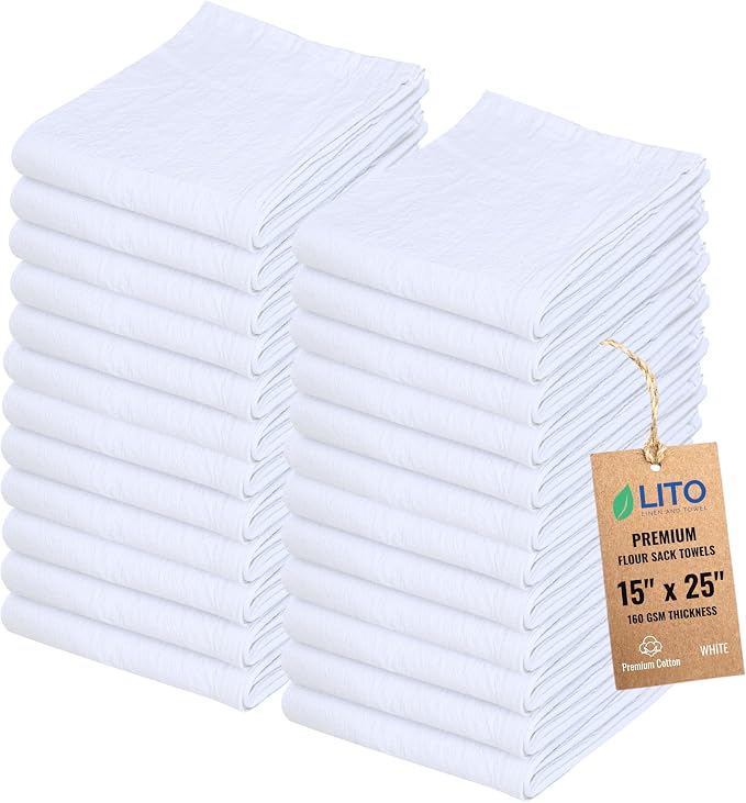 Flour Sack Towels – 24 Pack Cotton Kitchen Dish Towel, Tea Towels for Crafts, Embroidery, Baking, Bread Proofing – Thick, Absorbent, Quick-Dry – 15"x25" White by LITOLinenandTowel