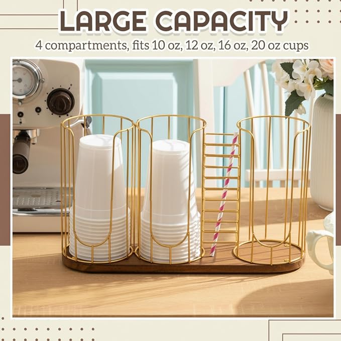 18oz Adjustable Coffee Cup Dispenser with Wooden Base, Cup and Lid Holder, Cups Holder Organizer for Coffee Pod Straw and Lid Storage(4-compartment Single,Color 2) - Image 3