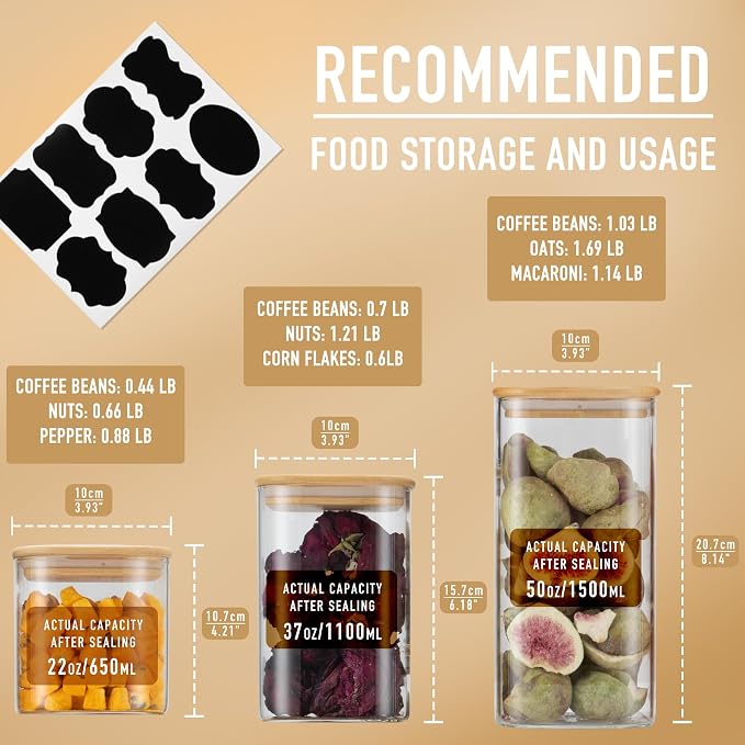 D2scrma Airtight Glass Square Storage Containers with Bamboo Lid Set of 6 (650ml*2/1100ml*2/1500ml*2) Stackable Jars, Kitchen Canister for Pantry Cereal, Nuts, Snacks and Coffee beans - Image 2