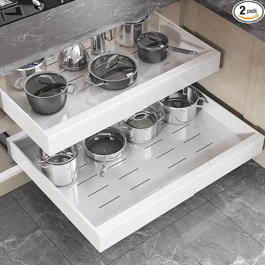 Seinloes 2 Pack Pull Out Cabinet Organizer 22" Deep,Full Extension 3 Slide Rails Slide Out Drawers With Raising Pad for Framed Cabinets,Expandable Width (15.4"-26.2"),No Drill Roll Out shelf,White by Seinloes