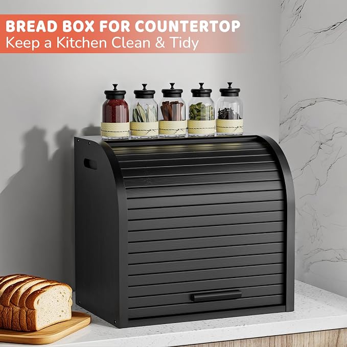 G.a HOMEFAVOR 2-Tier Bamboo Bread Box for Kitchen Counter, Black | Large Roll Top Bread Storage Container, Bread Holder Food Bin for Countertop, Self-Assembly - Image 2
