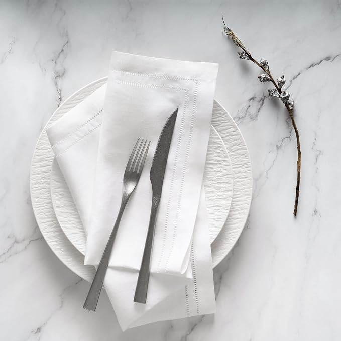 White Linen Napkins 20 x 20 inch - 100% Flax Linen Double Hemstitch Dinner Napkins Set of 4 - Cloth Napkin Washable Perfect for Father's Day, Summer, 4th of July and Wedding Decor - Image 2