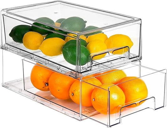 bealy 2 Pack Stackable Clear Drawer Organizer, Large Pull Out Fridge Organizers and Storage Container, Refrigerator Organizers and Storage for Fruit, Produce, Vegetables, Drinks, Snack and Food by bealy