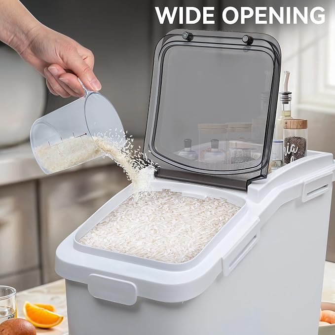YITAHOME 65L/117lbs Rice Storage Bins, 11.4+5.8 Gal Rice Flour Storage Container with Measuring Cup,BPA Free,Scoop and Wheels for Kitchen| Flour| Pet Food| Grain,2 Counts,White & Black Lid - Image 2