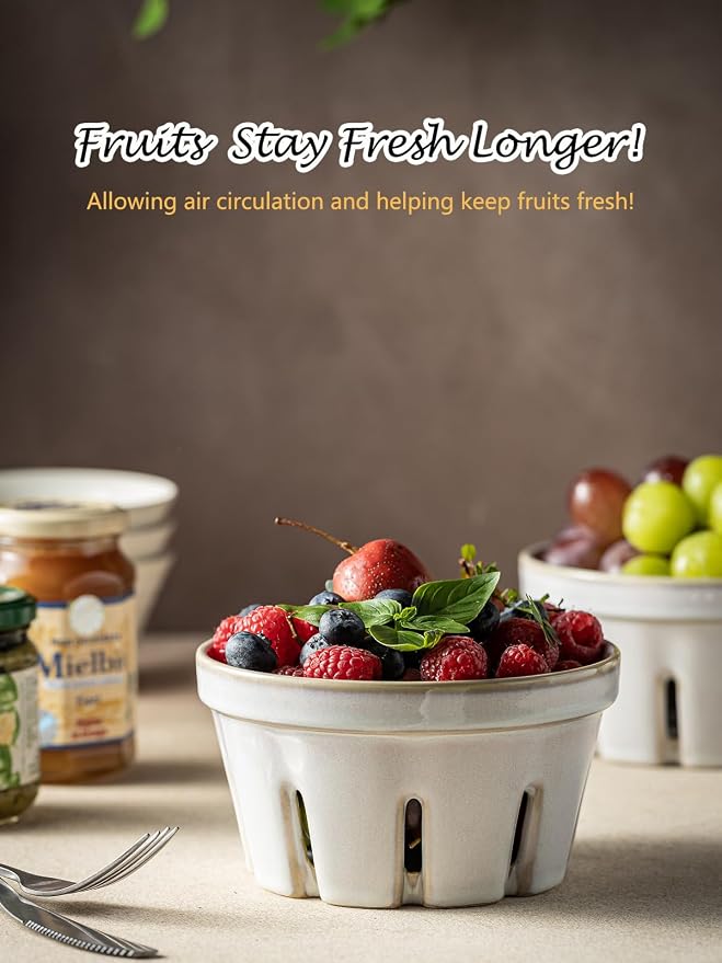 Gomakren Ceramic Berry Basket Set of 2, Fruit Bowl Colanders 5.8 Inch White | Drain Holes Keep Berries Fresh, Stackable Space-Saving, Dishwasher Safe, Versatile Fruit Serving & Farmhouse Kitchen Decor - Image 4