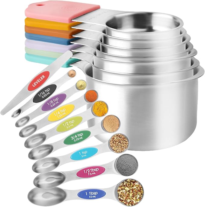 Magnetic Measuring Cups and Spoons Set of 16, 7 Stainless Steel Measuring Cups, 8 Double-Sided Measuring Spoons with 1 Leveler, Color Coded Handles, Dual Markings for Dry and Liquid Ingredients by Unknown