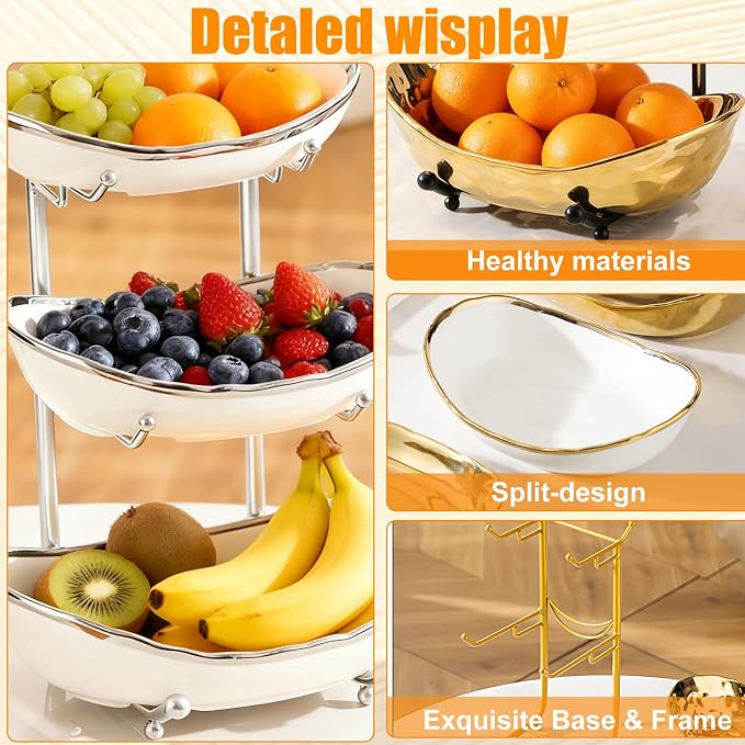3 Tier Fruit Bowl for Kitchen Counter,Ceramic Bowl with Metal Stand,3 Tier Fruit Basket for Vegetable Bread Candy Snack Nuts Dessert Cake Tray (White Bowl Silver Rack) - Image 4