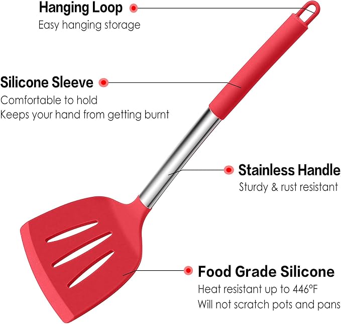 LIANYU 15-Piece Cooking Kitchen Utensils Set with Holder | Silicone Kitchen Tools Stainless Steel Handle, Slotted Spatula Spoon Turner Tong Whisk Brush for Cooking, Red - Image 3