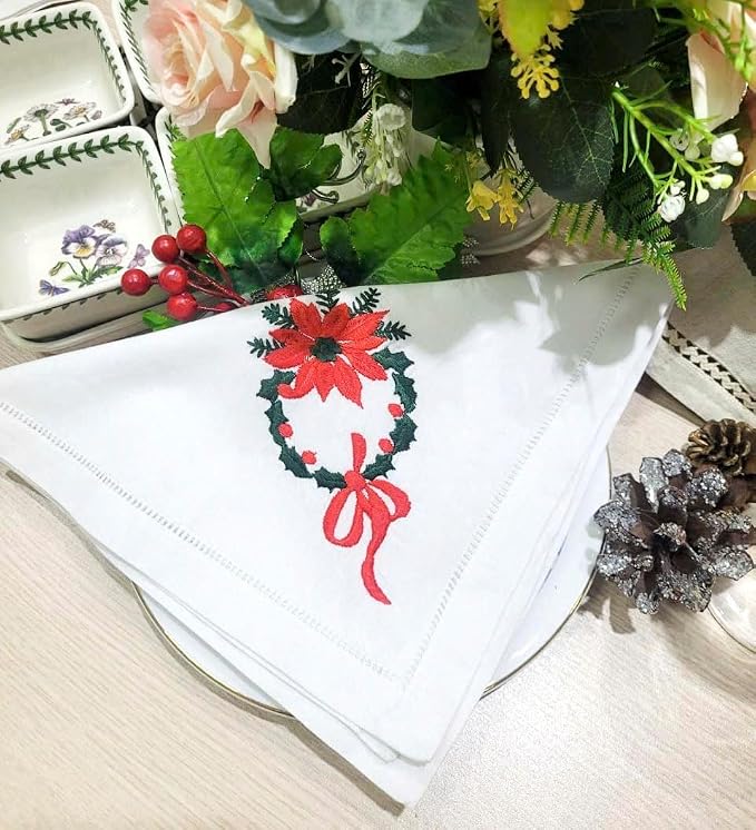 Embroidered Cloth Napkin Poinsettia Wreath Christmas Cotton Napkins Set of 6, 20 x 20 Hemstitch Table Napkins, Machine Washable, Daily & Holidays, Great Gift Ideas - Image 4